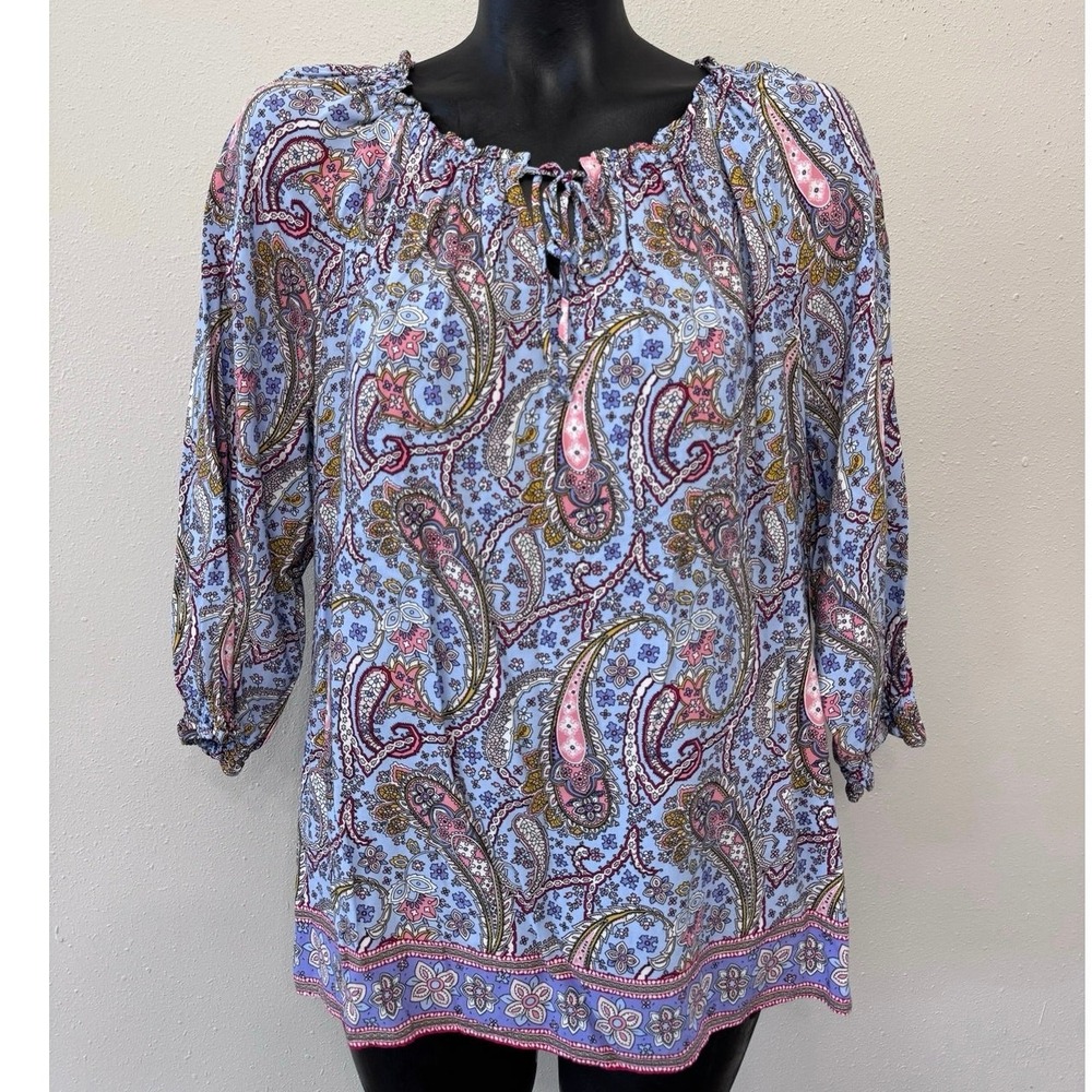 Talbots Top Women's Sz XLP Paisley Print Tie Neck 3/4 Sleeve Preppy Classic Boho